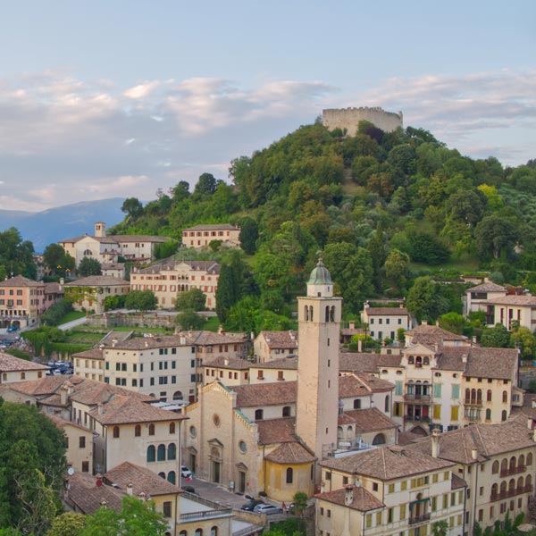 Panorama sul centro storico di Asolo. Spicca in primo piano il campanile del Duomo, in secondo piano la Torre Civica. Spicca sullo sfondo la Rocca di Asolo